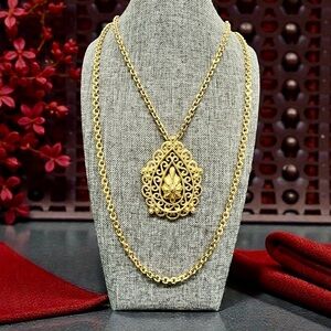 CROWN TRIFARI Signed Florentine Style Double Strand Filigree Pendant Necklace